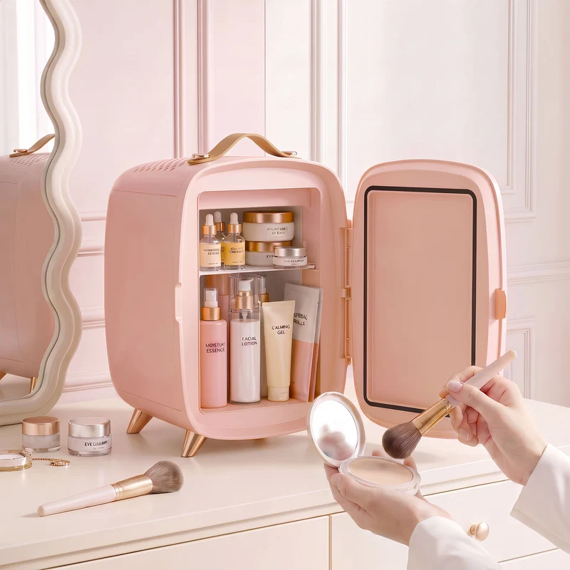 6L Mini Cosmetic Fridge with LED Mirror for Skincare, Cooling Function, Pink