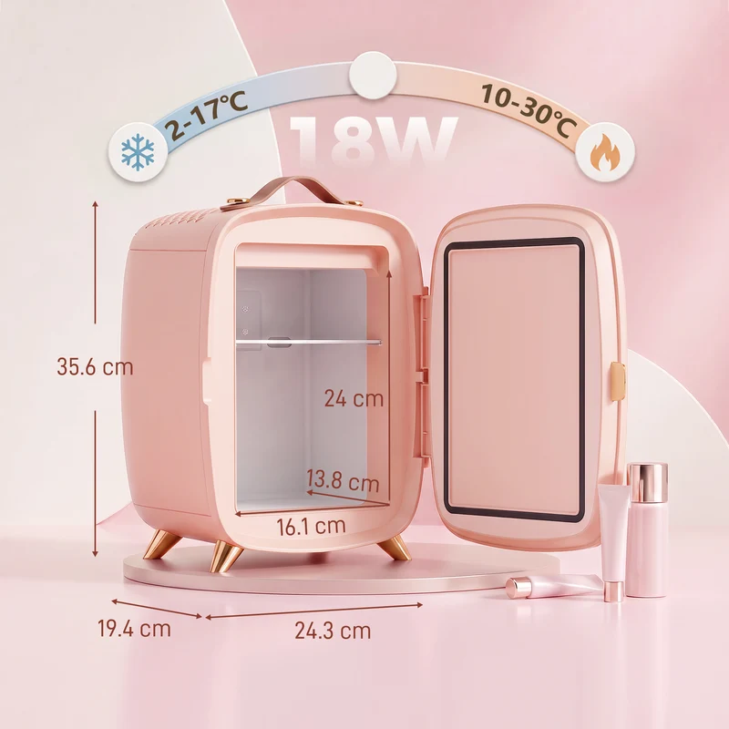 6L Mini Cosmetic Fridge with LED Mirror for Skincare, Cooling Function, Pink