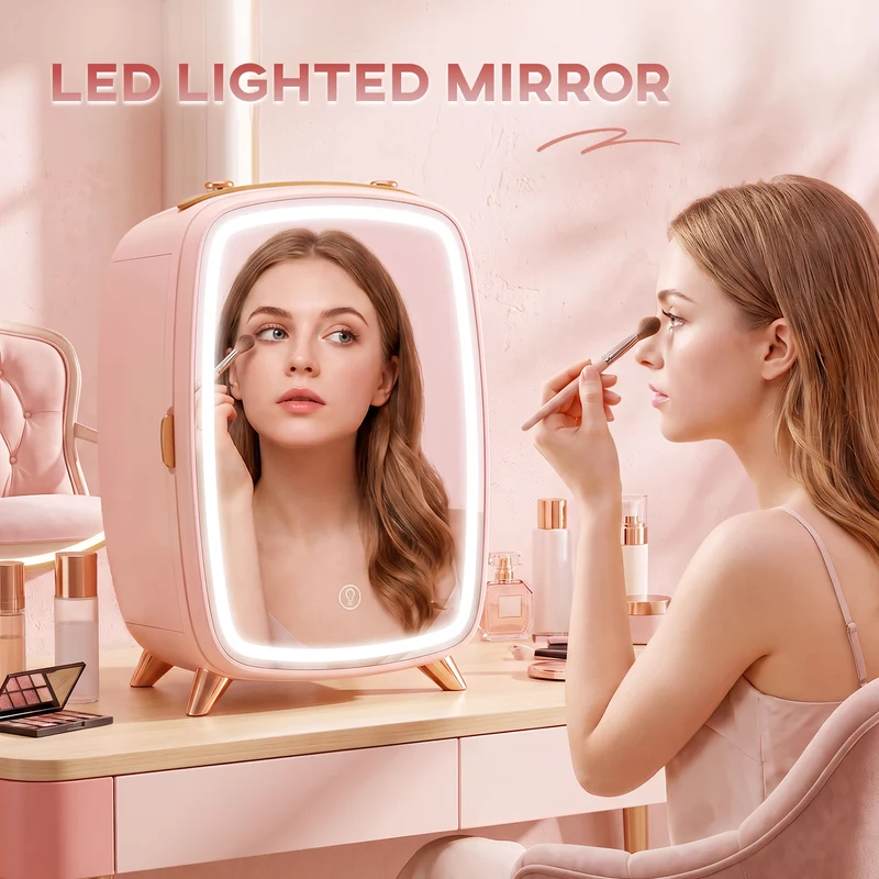 6L Mini Cosmetic Fridge with LED Mirror for Skincare, Cooling Function, Pink