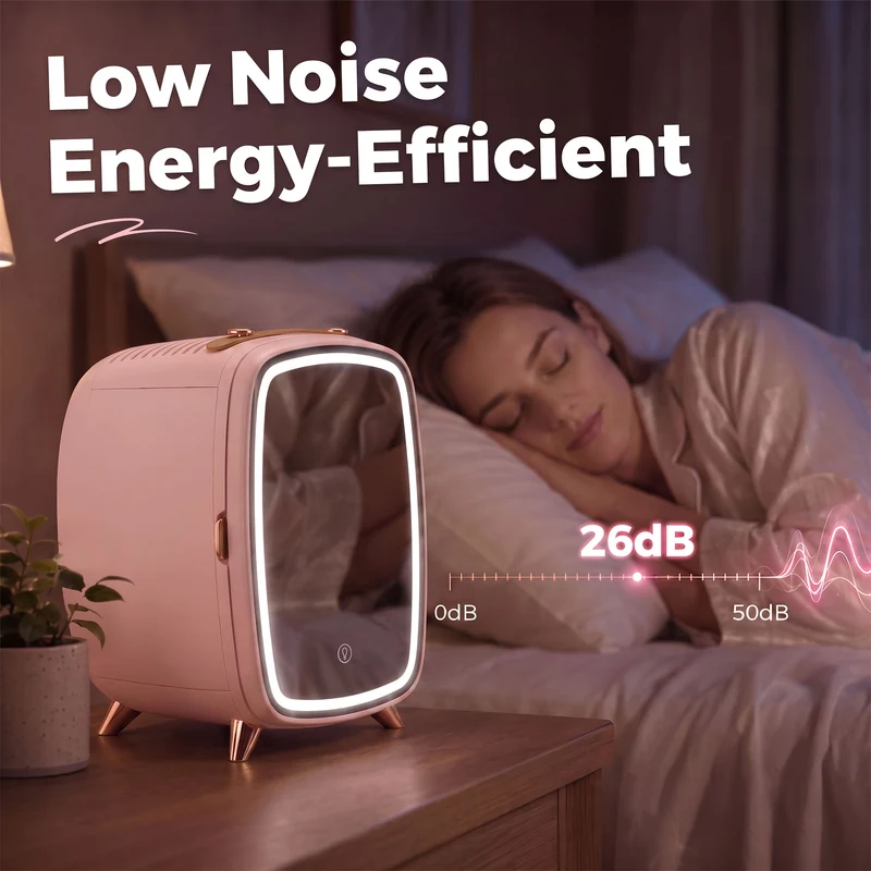 6L Mini Cosmetic Fridge with LED Mirror for Skincare, Cooling Function, Pink