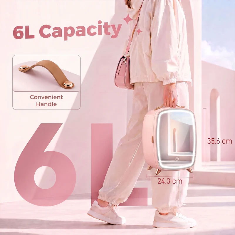 6L Mini Cosmetic Fridge with LED Mirror for Skincare, Cooling Function, Pink
