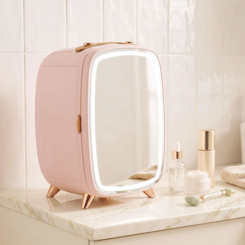 6L Mini Cosmetic Fridge with LED Mirror for Skincare, Cooling Function, Pink