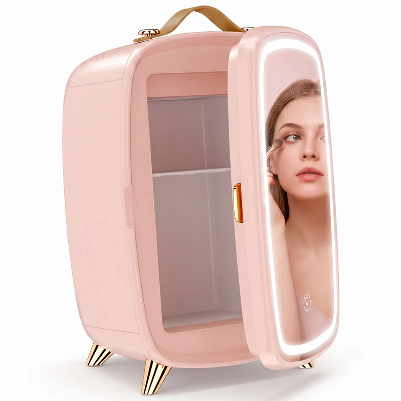6L Mini Cosmetic Fridge with LED Mirror for Skincare, Cooling Function, Pink