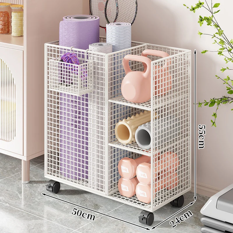 Rollender Mesh-Fitness- und Yoga-Aufbewahrungswagen mit Mehrfachregalen und verriegelbaren Rollen