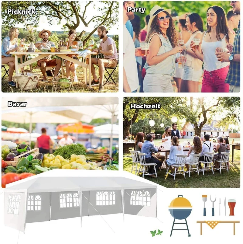 Pavillon 3x9m Partyzelt Gartenzelt 5 abnehmbare Seitenwände Stahl