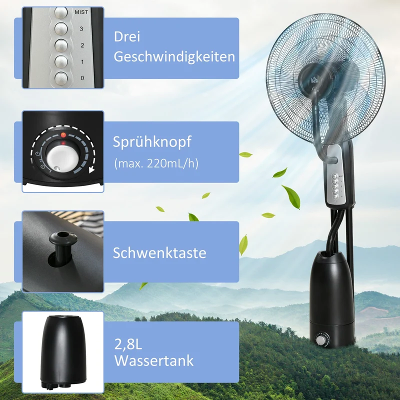 Standventilator 2,8L Wasserzerstäuber Nebelfunktion 90W Oszillierend 120cm