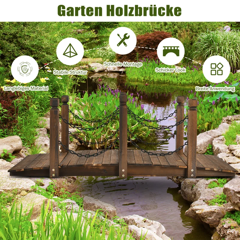 Holzbrücke Teichbrücke Gartenbrücke Geländer 150x67x55cm Wetterfest
