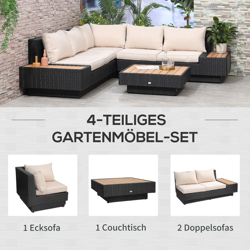 Polyrattan Gartenmöbel 4-teilig Sitzgruppe Lounge Schwarz Möbel