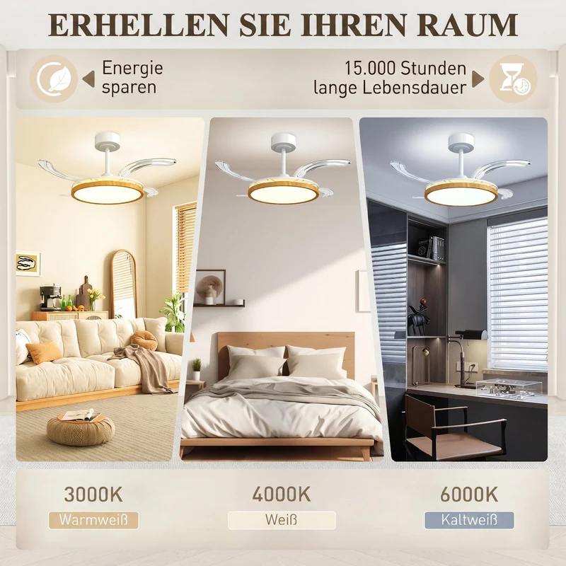 Deckenventilator LED Beleuchtung einziehbare Flügel Ventilator Lampe