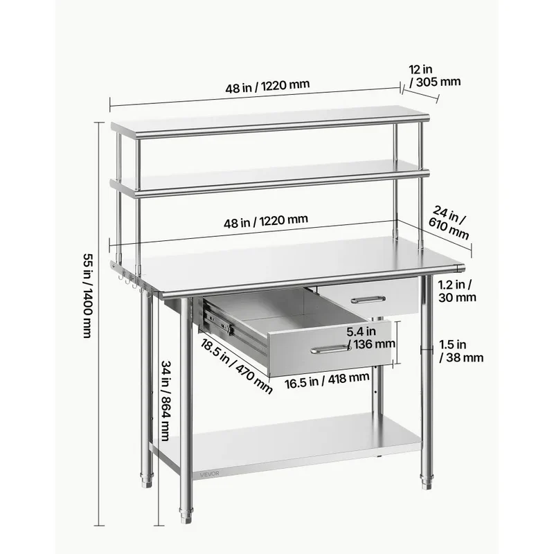 Tisch Arbeitstisch Edelstahl 1220x610x1400mm Grundboden Möbel