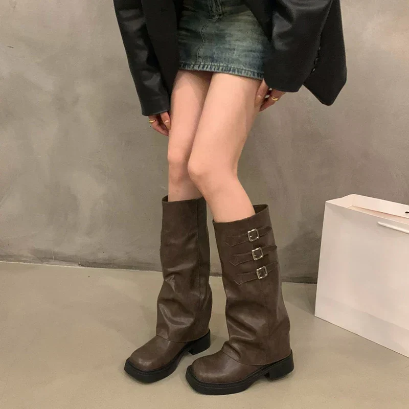 Skanto | Retro-Stil Kniehohe Stiefel Damen Mode Slip-On Ritter-Langstiefel Herbst Winter Damenschuhe
