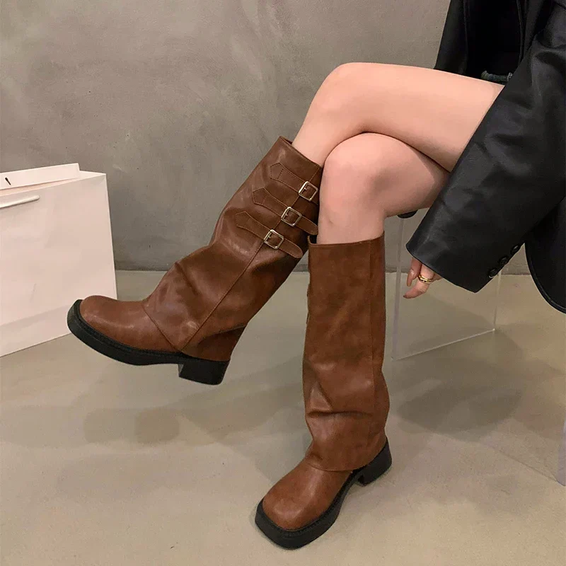 Skanto | Retro-Stil Kniehohe Stiefel Damen Mode Slip-On Ritter-Langstiefel Herbst Winter Damenschuhe