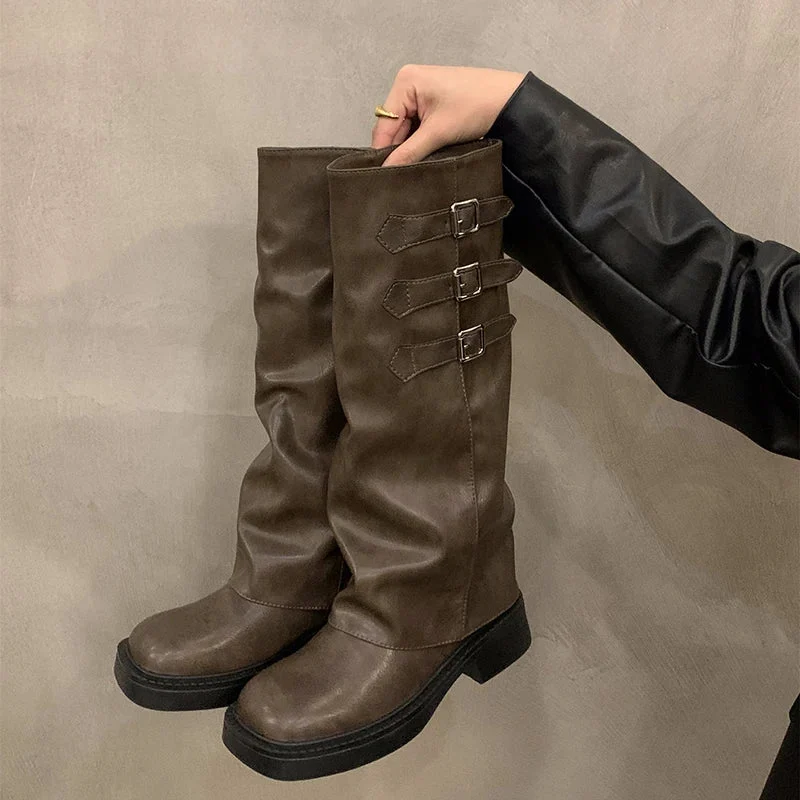 Skanto | Retro-Stil Kniehohe Stiefel Damen Mode Slip-On Ritter-Langstiefel Herbst Winter Damenschuhe