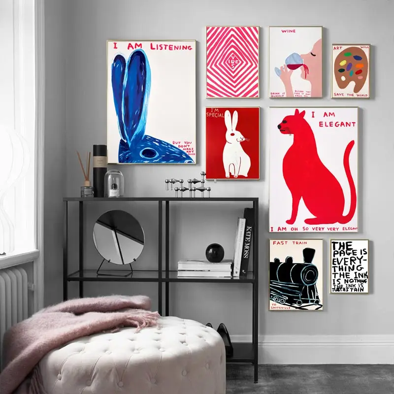Skanto | David Shrigley Hase Katze Wein Keks Schnelle Wandkunst Abstrakte Drucke Leinwandgemälde Nordisches Poster Bilder Wohnzimmer Dekor