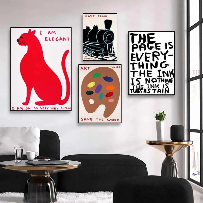 Skanto | David Shrigley Hase Katze Wein Keks Schnelle Wandkunst Abstrakte Drucke Leinwandgemälde Nordisches Poster Bilder Wohnzimmer Dekor