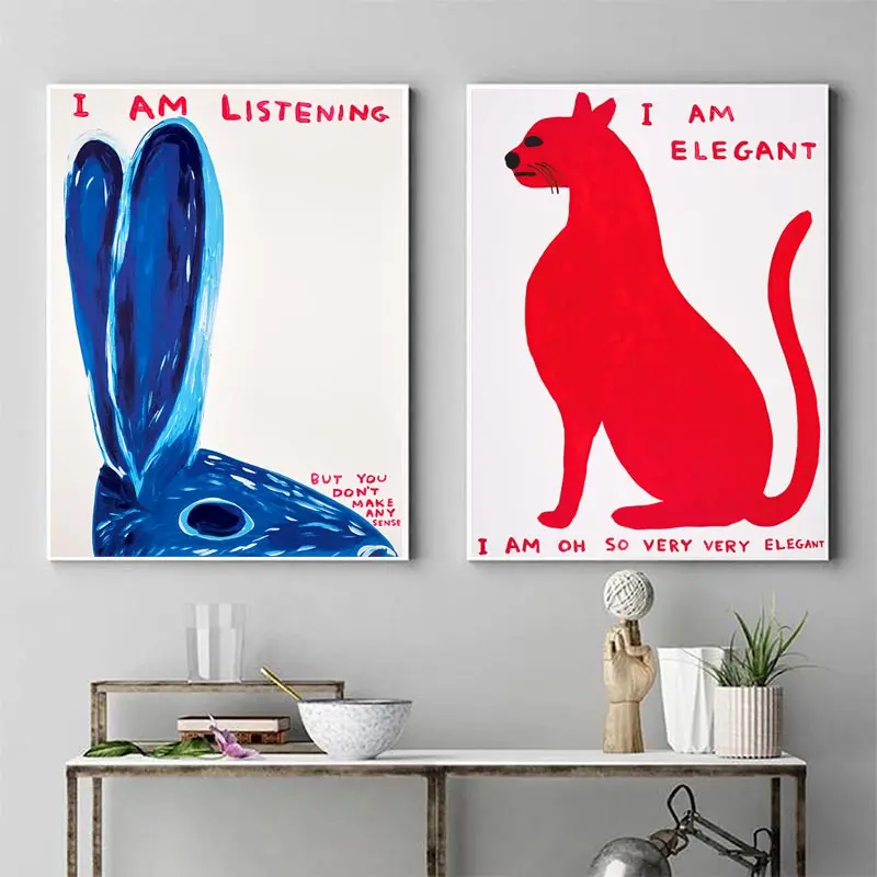 Skanto | David Shrigley Hase Katze Wein Keks Schnelle Wandkunst Abstrakte Drucke Leinwandgemälde Nordisches Poster Bilder Wohnzimmer Dekor