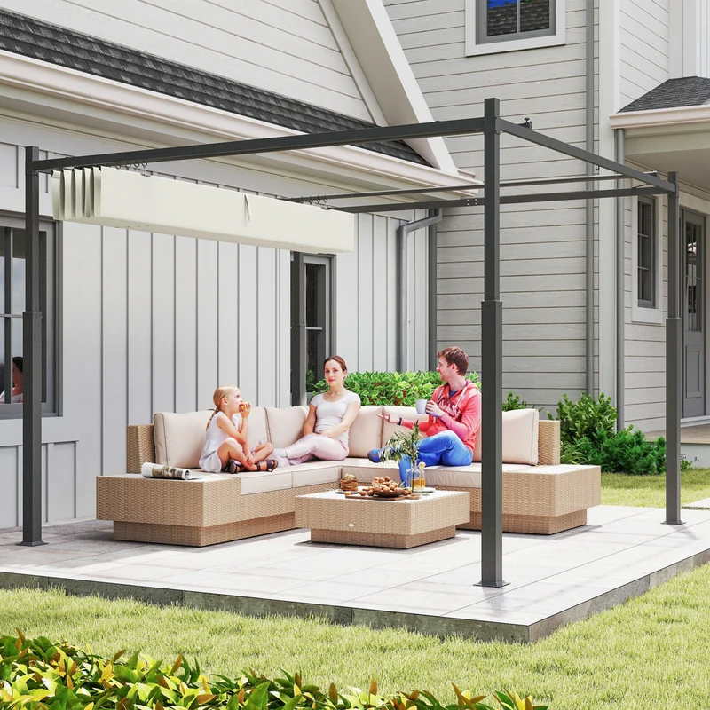 Garten-Pergola 3x3m ausziehbares Dach Magnetpad UPF30+ Pavillon Cremeweiß
