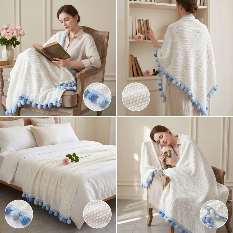 Pom-Pom Strickwurfdecke