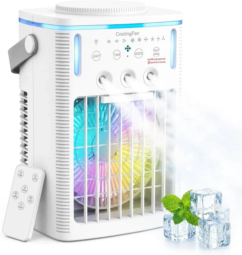 Klimaanlage 1000ml 2-8H, tragbar, Timer, 3 Geschwindigkeiten, 7 Farben Licht, 3 Nebelmodi, 1000ml Mobile Klimaanlage mit Fernbedienung, 6 in 1 Mobiles