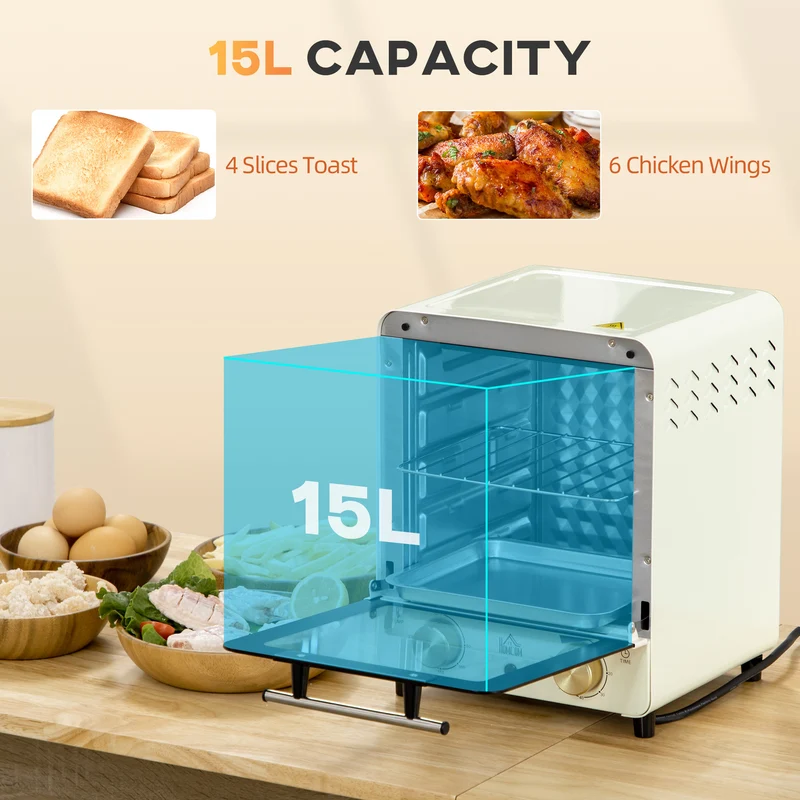 15 L Mini Electric Oven with Baking Tray, Wire Rack & Crumb Tray, 1000W, Cream White