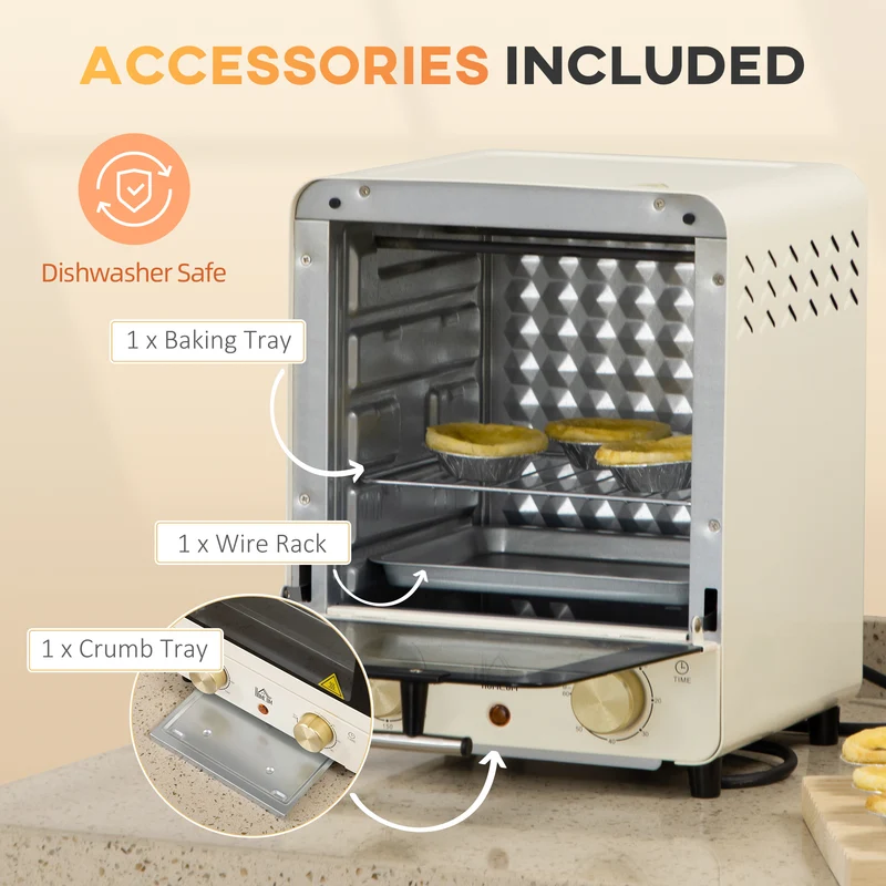15 L Mini Electric Oven with Baking Tray, Wire Rack & Crumb Tray, 1000W, Cream White