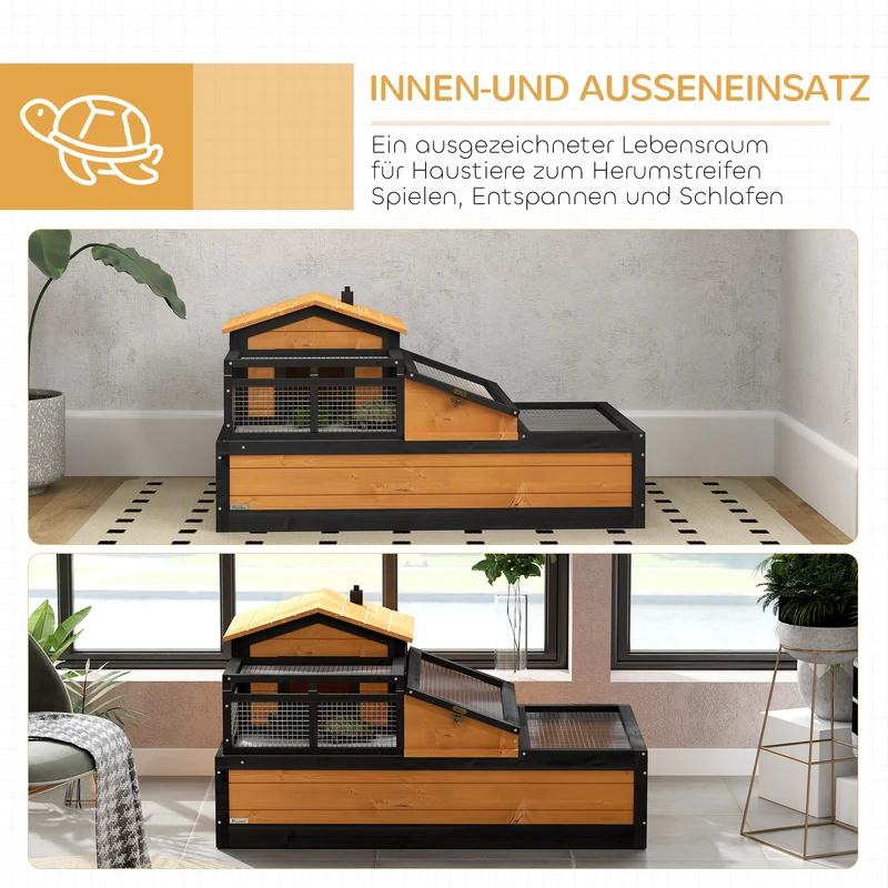 Schildkrötenhaus 2 Ebenen Tannenholz Schublade innen außen gelb