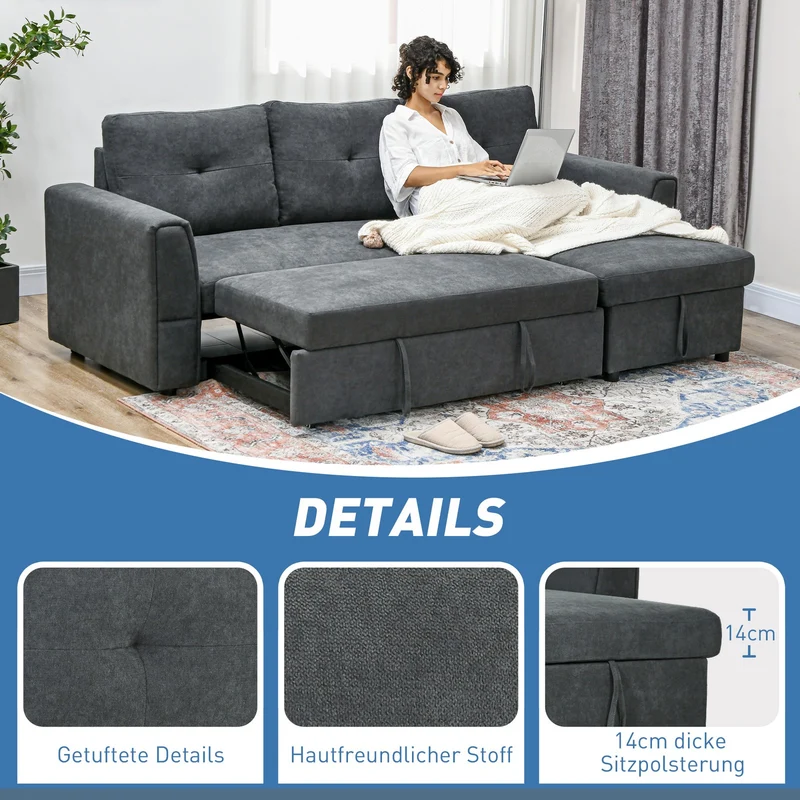 Schlafsofa Ecksofa Bettfunktion 3-Sitzer Couch Chaiselongue
