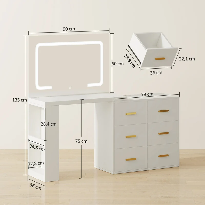 Schminktisch LED-Beleuchtung Spiegel Steckdose USB 118x78x135cm
