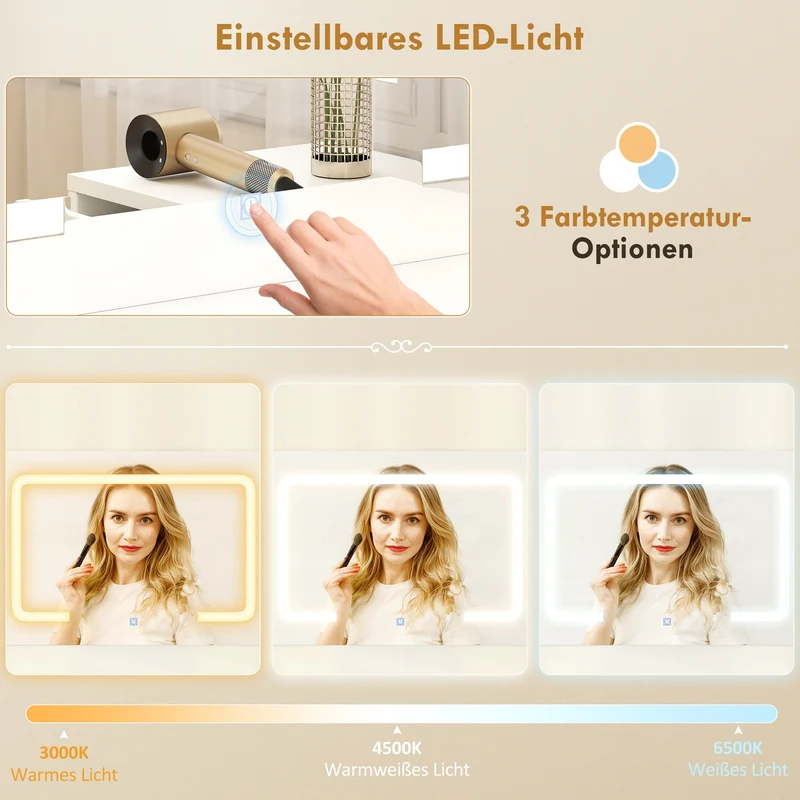 Schminktisch LED-Beleuchtung Spiegel Steckdose USB 118x78x135cm