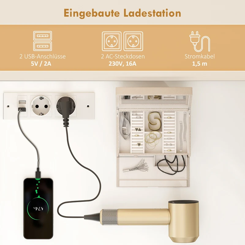 Schminktisch LED-Beleuchtung Spiegel Steckdose USB 118x78x135cm