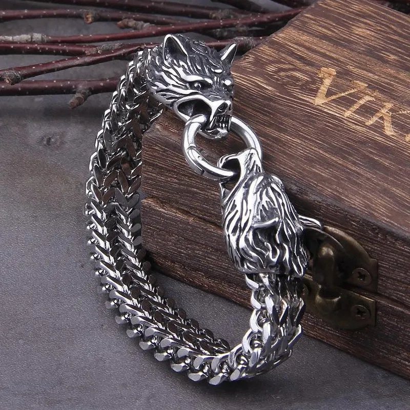 Skanto | Wikinger-Armband aus Edelstahl mit doppeltem Wolfskopf Fenrir