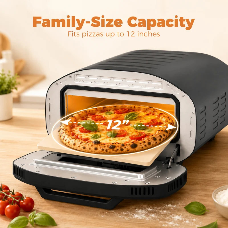 12" Countertop Electric Pizza Oven with Ceramic Stone, 8 Modes & Timer