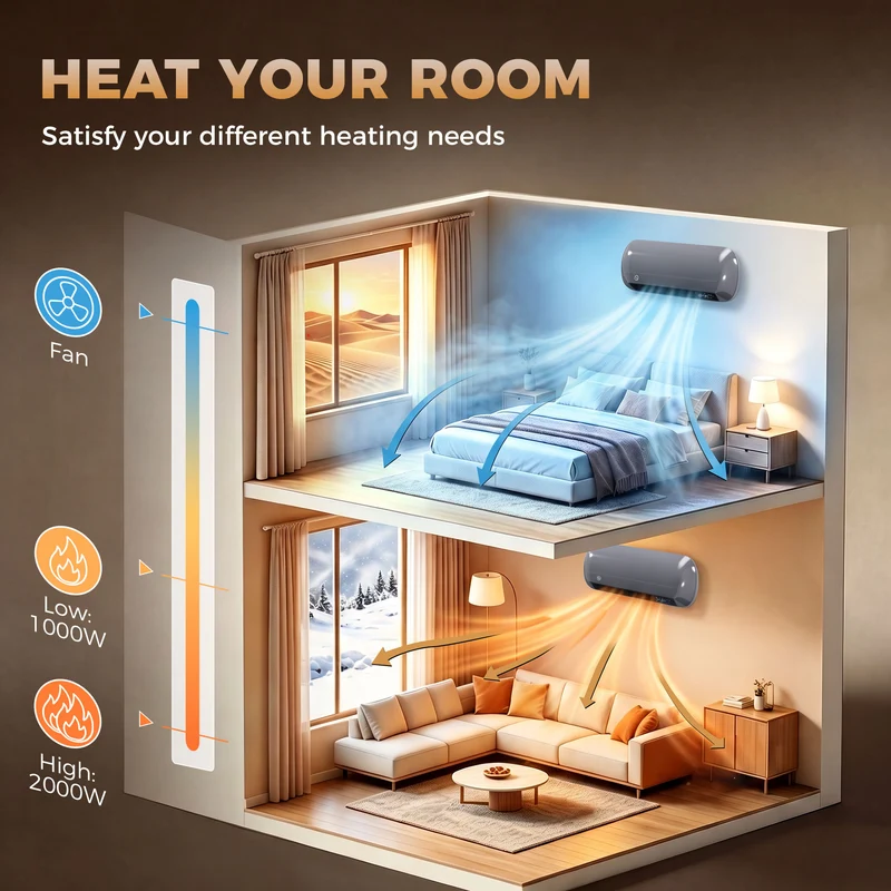 2000W Ceramic Wall-Mounted Electric Heater with Fan, Remote & Timer, Grey