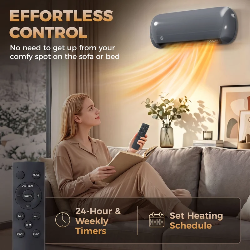 2000W Ceramic Wall-Mounted Electric Heater with Fan, Remote & Timer, Grey