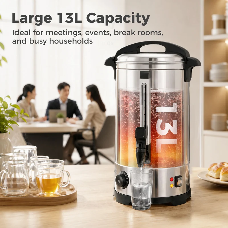 13L Hot Water Boiler with Thermostat & Keep Warm, Easy-Pour Stainless Steel Urn