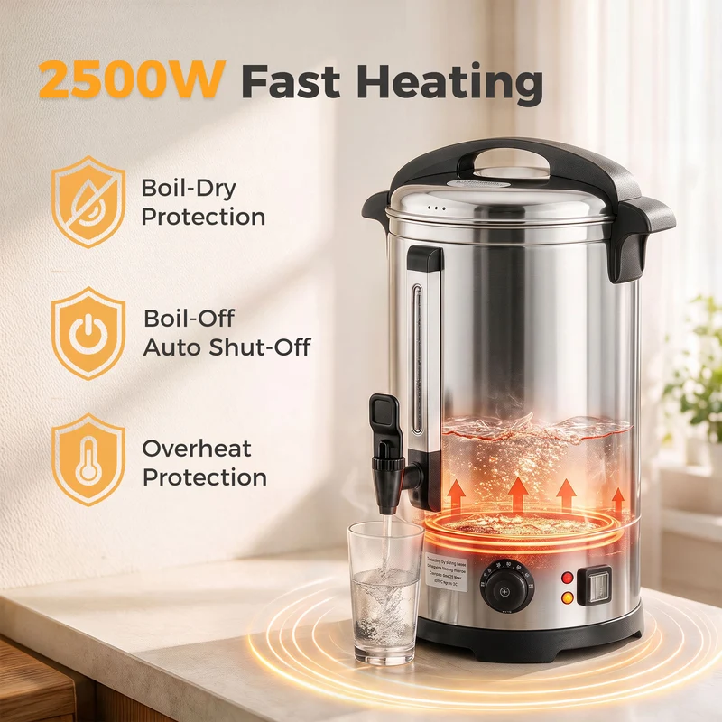 13L Hot Water Boiler with Thermostat & Keep Warm, Easy-Pour Stainless Steel Urn