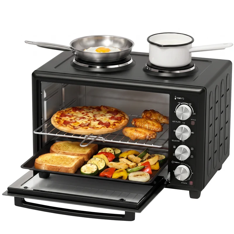46L Mini Convection Oven with Dual Hot Plates, 90–230°C Adjustable, Black