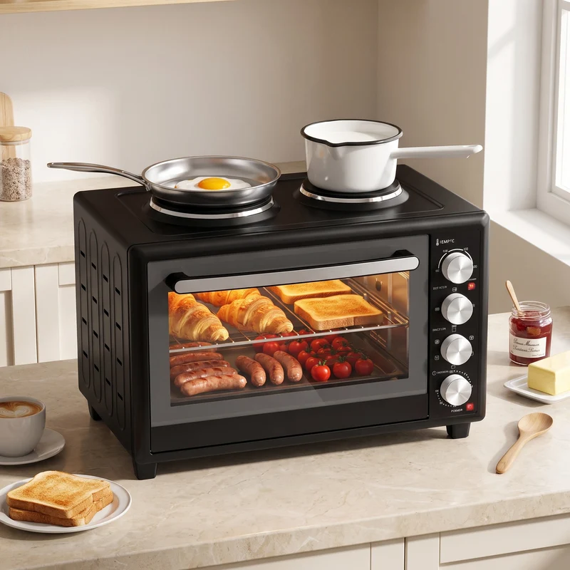 46L Mini Convection Oven with Dual Hot Plates, 90–230°C Adjustable, Black