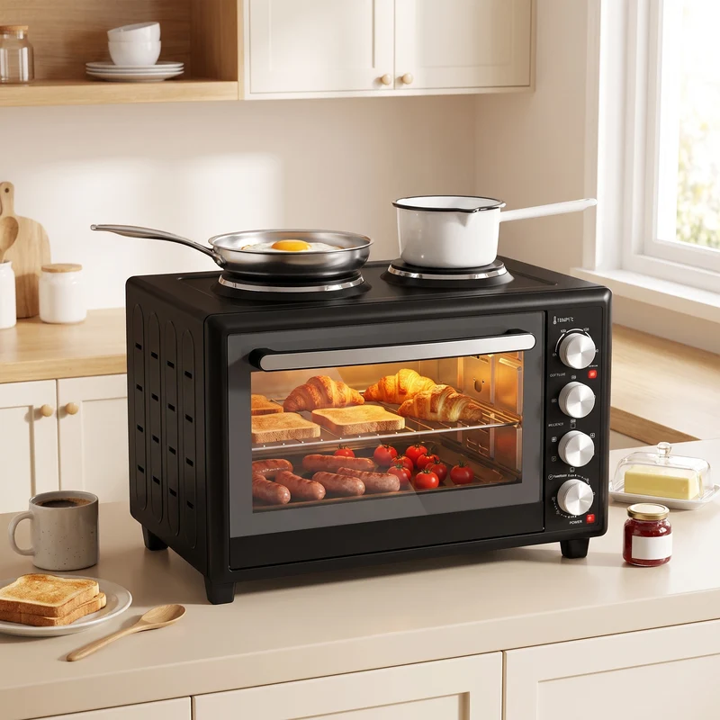 46L Mini Convection Oven with Dual Hot Plates, 90–230°C Adjustable, Black