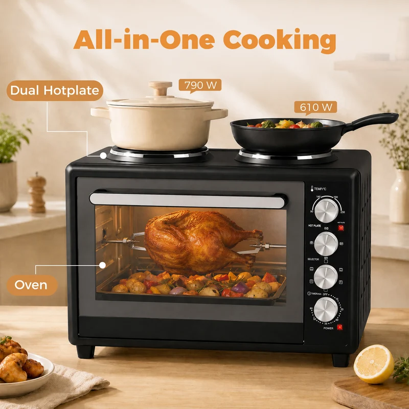 46L Mini Convection Oven with Dual Hot Plates, 90–230°C Adjustable, Black