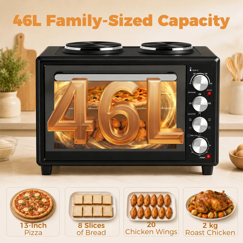 46L Mini Convection Oven with Dual Hot Plates, 90–230°C Adjustable, Black