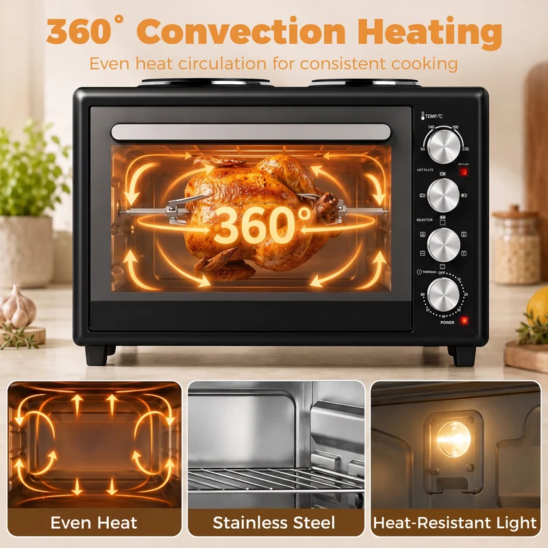 46L Mini Convection Oven with Dual Hot Plates, 90–230°C Adjustable, Black