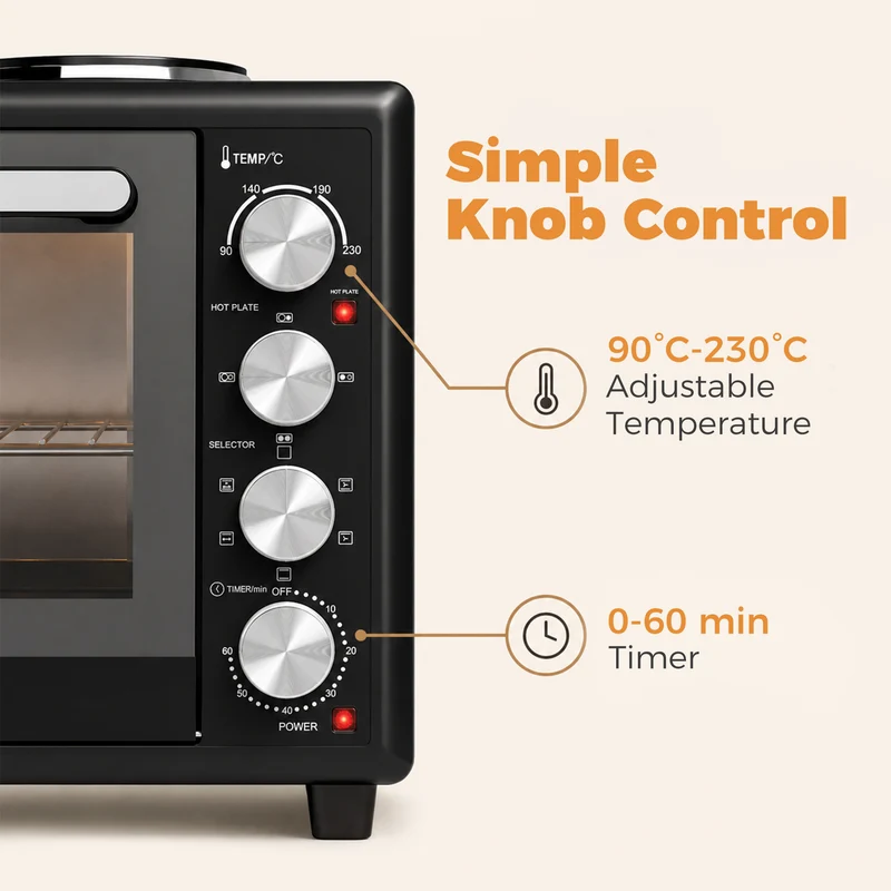 46L Mini Convection Oven with Dual Hot Plates, 90–230°C Adjustable, Black
