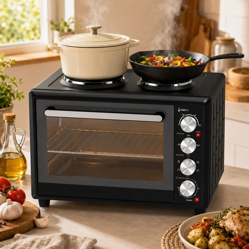 46L Mini Convection Oven with Dual Hot Plates, 90–230°C Adjustable, Black