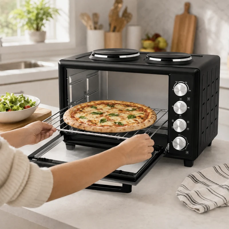 46L Mini Convection Oven with Dual Hot Plates, 90–230°C Adjustable, Black