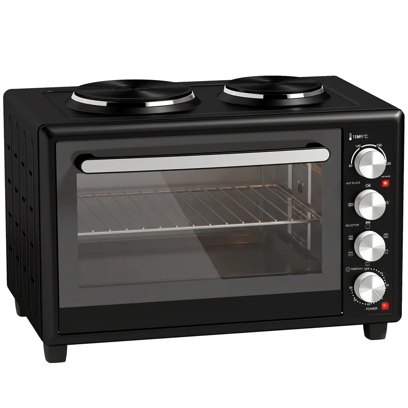 46L Mini Convection Oven with Dual Hot Plates, 90–230°C Adjustable, Black