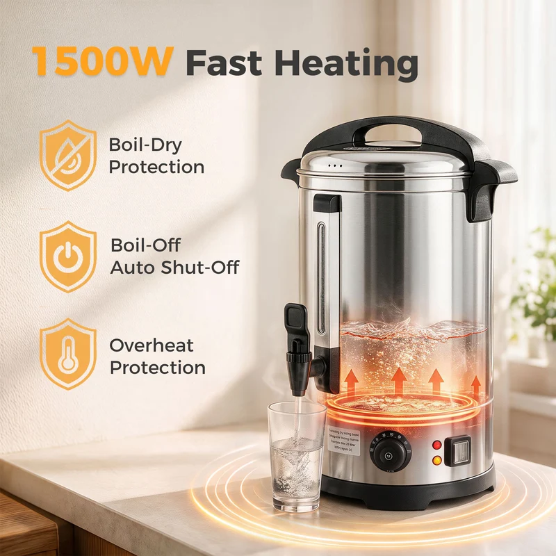 6.5L Catering Urn, 1500W Stainless Boiler with Thermostat, Keep Warm & Easy Tap