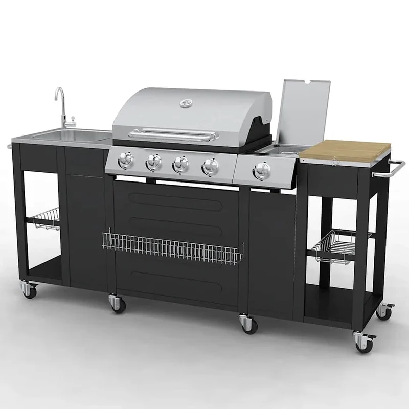 Gasgrill 4+1 Brenner Schwarz 204cm Grillwagen Seitenkocher