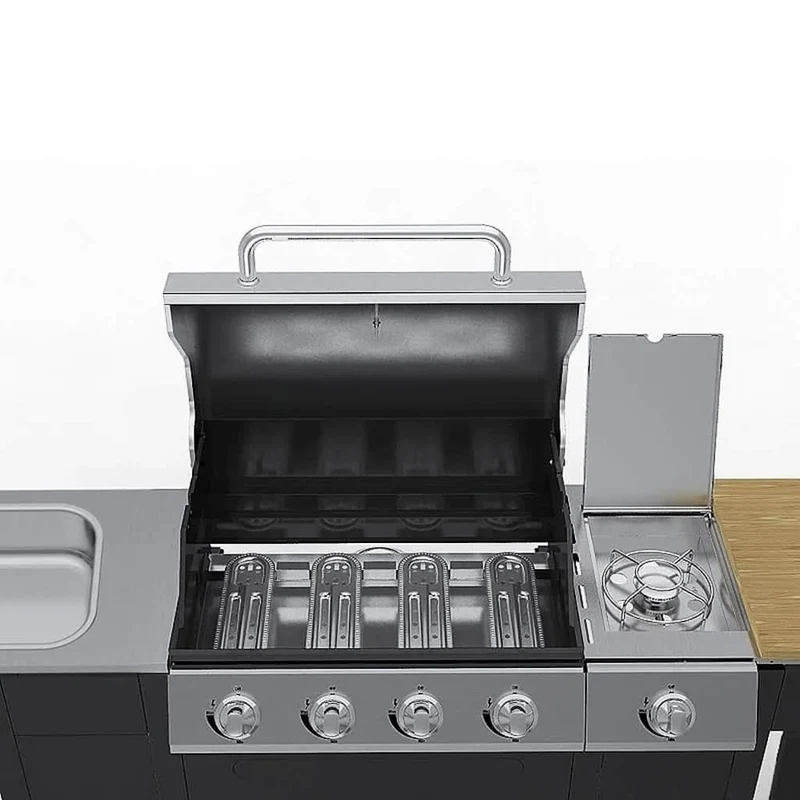Gasgrill 4+1 Brenner Schwarz 204cm Grillwagen Seitenkocher