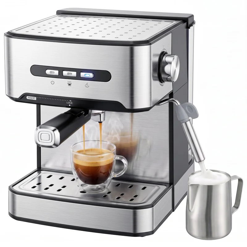 20-Bar Semi-Auto Espresso Maker with Frother, 1.6 L Tank, Black & Silver